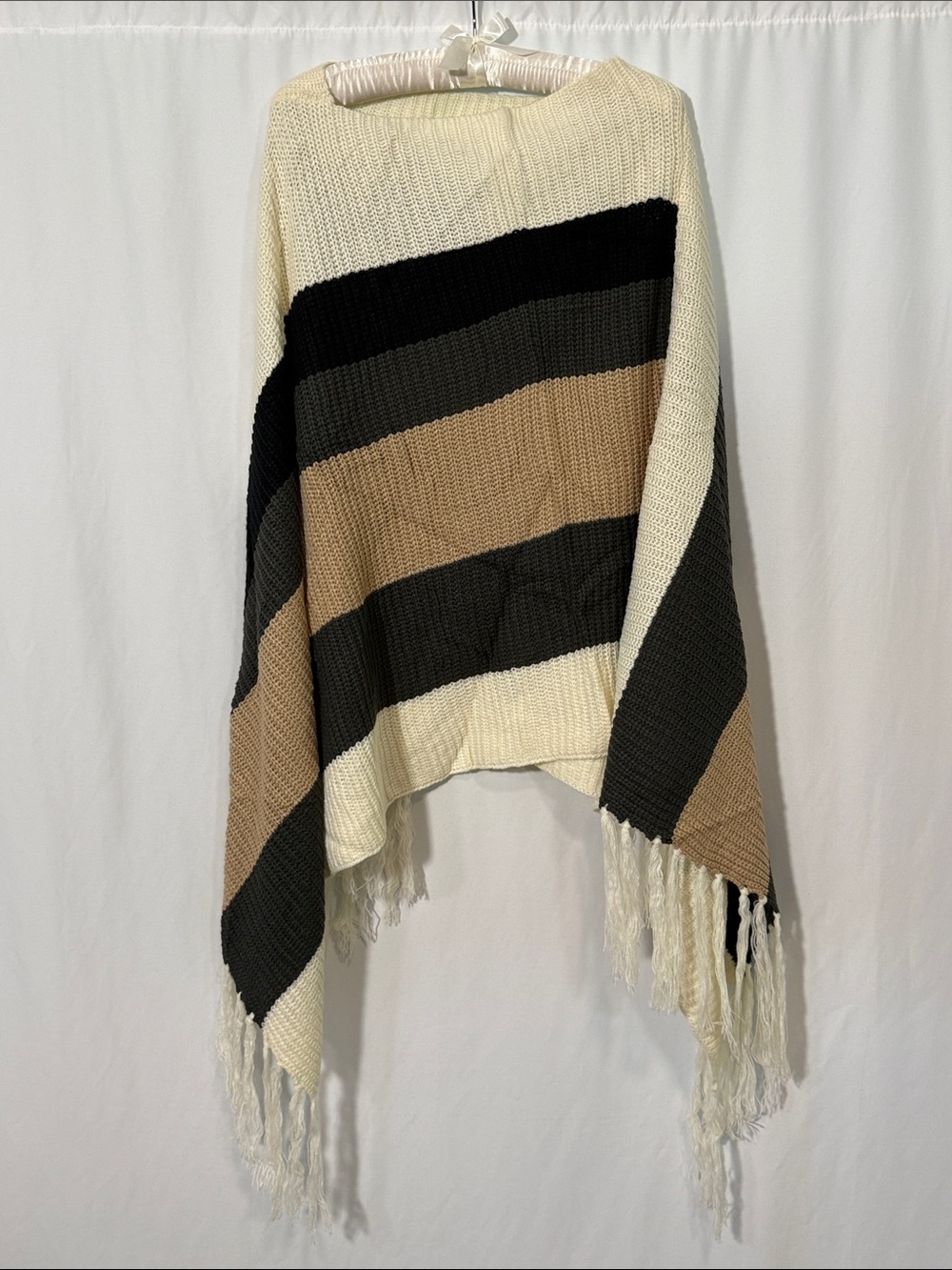 Striped Fringe Poncho Sweater in Cream, Black & Tan